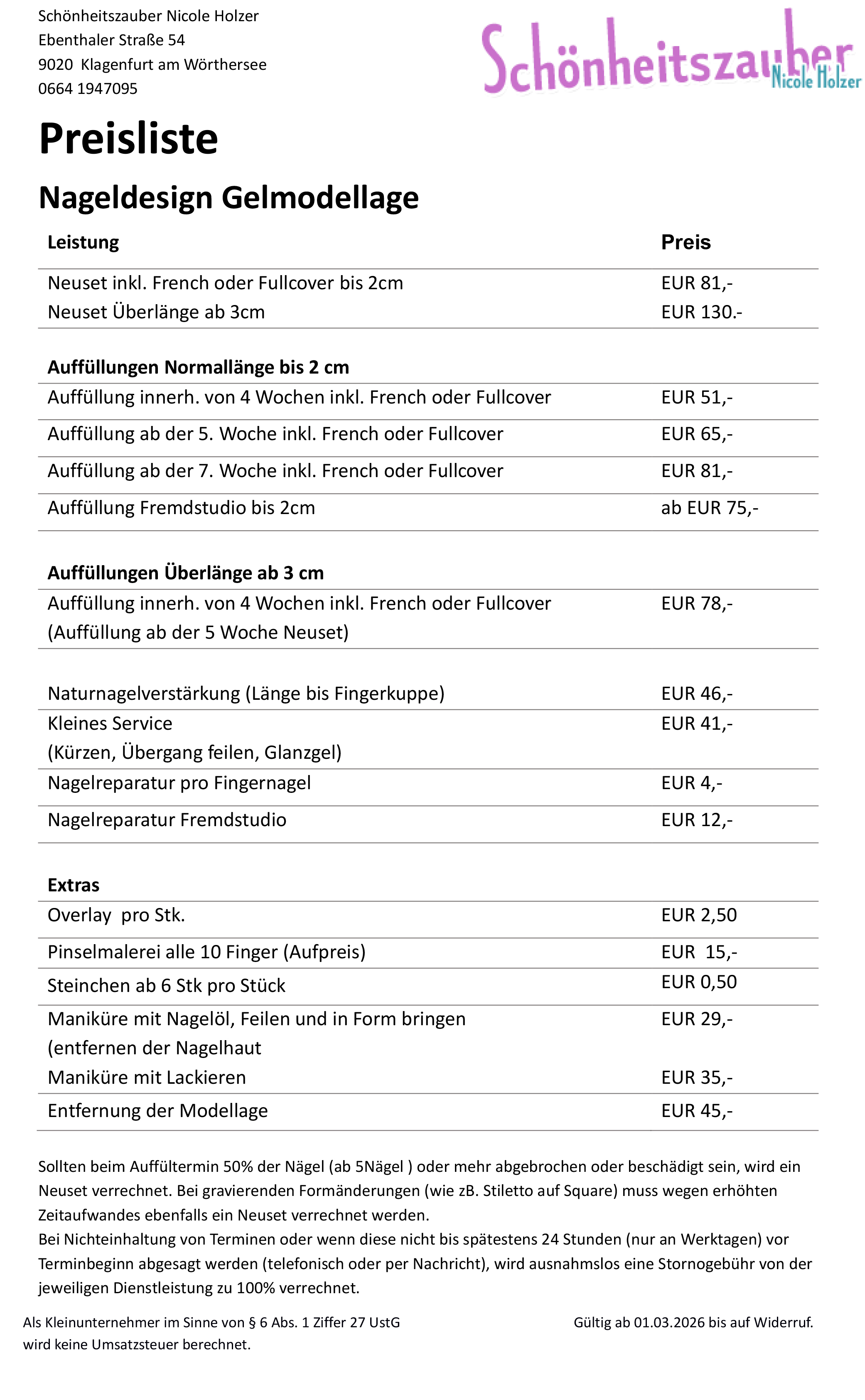Preisliste Schönheitszauber Nicole Holzer