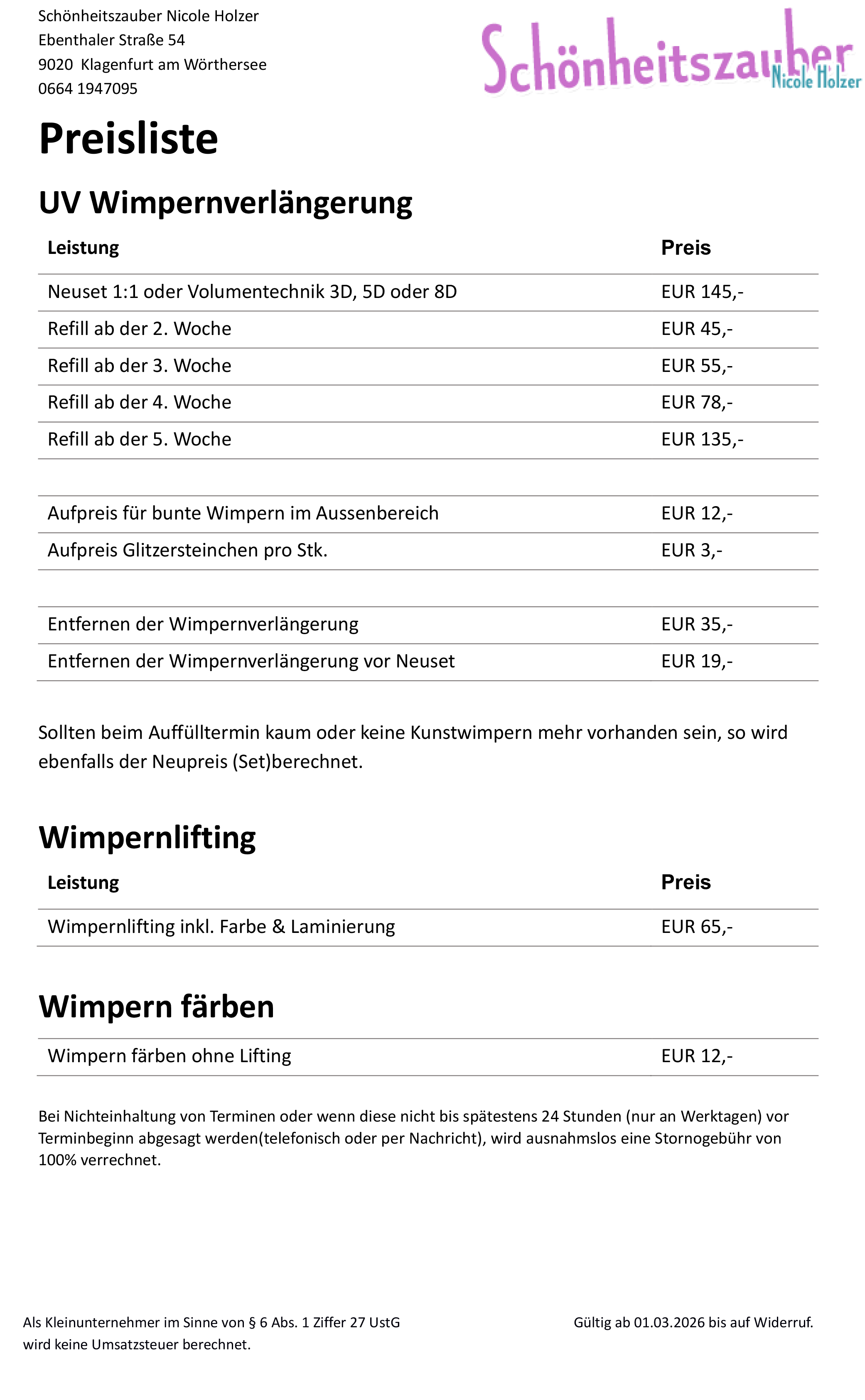 Preisliste Schönheitszauber Nicole Holzer 